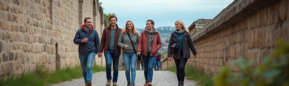 The Czech Discoveries team walking together beside the historical city walls in Olomouc