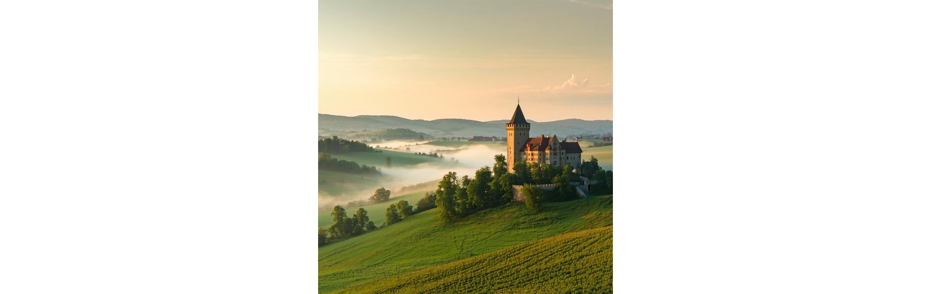 Panoramic view of a Czech castle at sunrise surrounded by lush hills