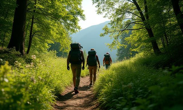 Small group on a hiking trail through lush Czech mountains led by an eco-guide
