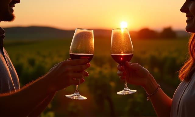Guests sampling Moravian wine in a vineyard at sunset with rolling hills