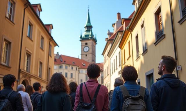 Guided walking tour group admiring Prague's astronomical clock and cityscape